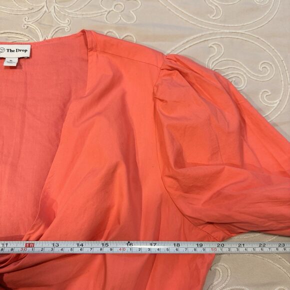 The Drop Tie Front Puff Sleeve Midi Dress Orange Cutout Waist Size XL Cotton - Picture 9 of 10